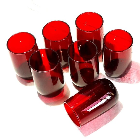 Ruby Rolly Polly 7 Red Juice Glasses Anchor Hocking 6 oz Retro MCM - Picture 3 of 6